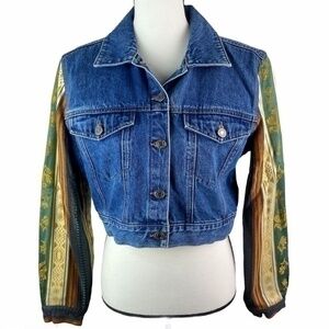 Vintage GAP Jacket Denim Jean Button Up Crop Jacket with Print Fabric Sleeves